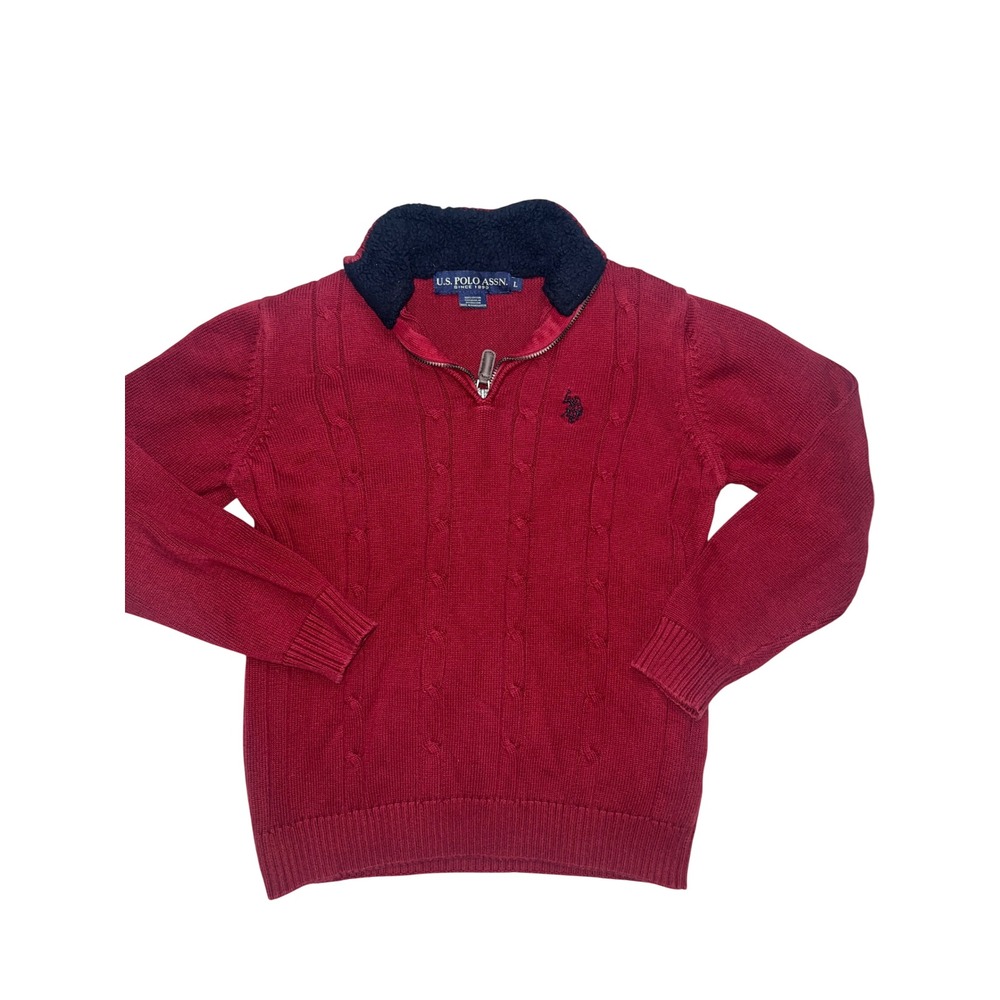 US Polo Assn Kids Red Cable Knit Quarter Zip Sherpa Collar Sweater Large